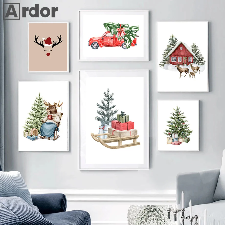 Christmas Tree Deer Truck Car Fox Wall Art Canvas Painting Nordic Posters And Prints Wall Picture Baby Kids Room Home Decor Gift