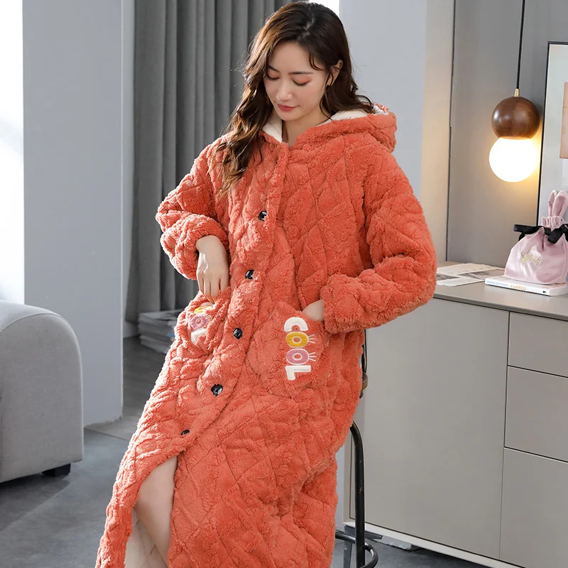 Solid Lovely Thicken Nightgowns Winter Bathrobe Women Pajamas Bath Flannel Warm Robe Sleepwear Female Robes Coral Velvet