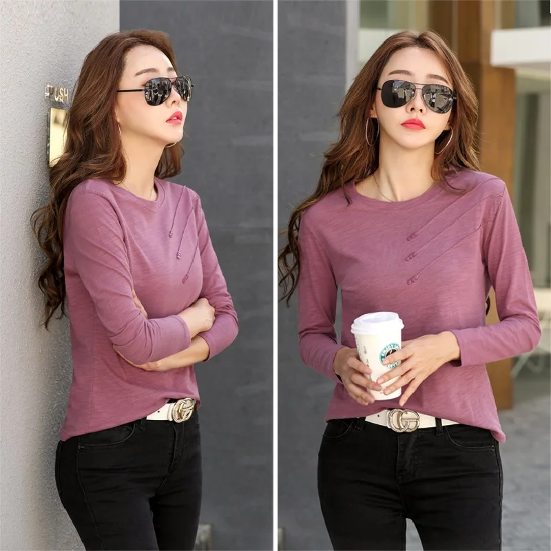 2023 Spring Summer Long Sleeve Women Bamboo Cotton Casual Solid T-Shirt Female Loose Fashion Button T Shirts O-Neck Purple Tops