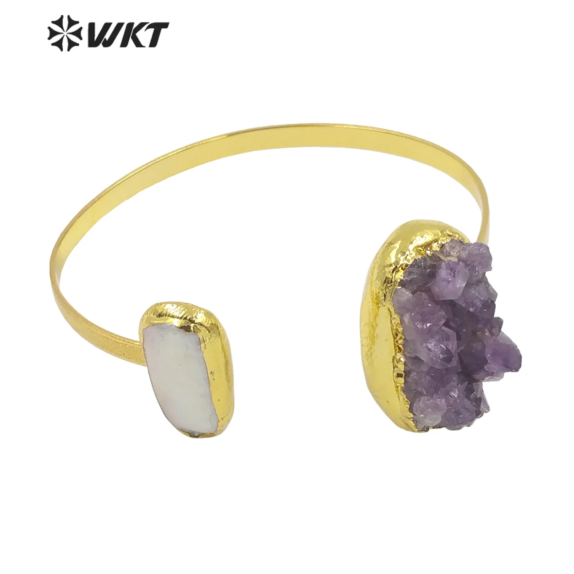 

WT-B582 Wholesale With Gold Electroplated Natural Raw Stone Bracelet Purple Crystal White Bangle Lady Gift For Someone