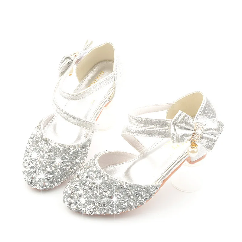 Glitter Little Girl Heels Bow Sandals 2019 Big Kids Shoe For Children Summer Leather Sandals 3 4 5 6 7 8 9 10 11 12 13 Year Old