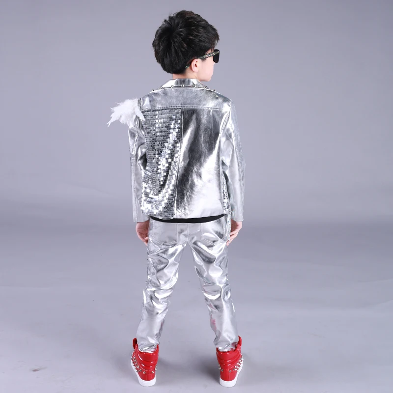 Hip Hop Costume Boys Silver Sequin Fringed Jacket Children Street Dancing Clothing Jazz Stage Wear Birthday Outfits Kids DN4975