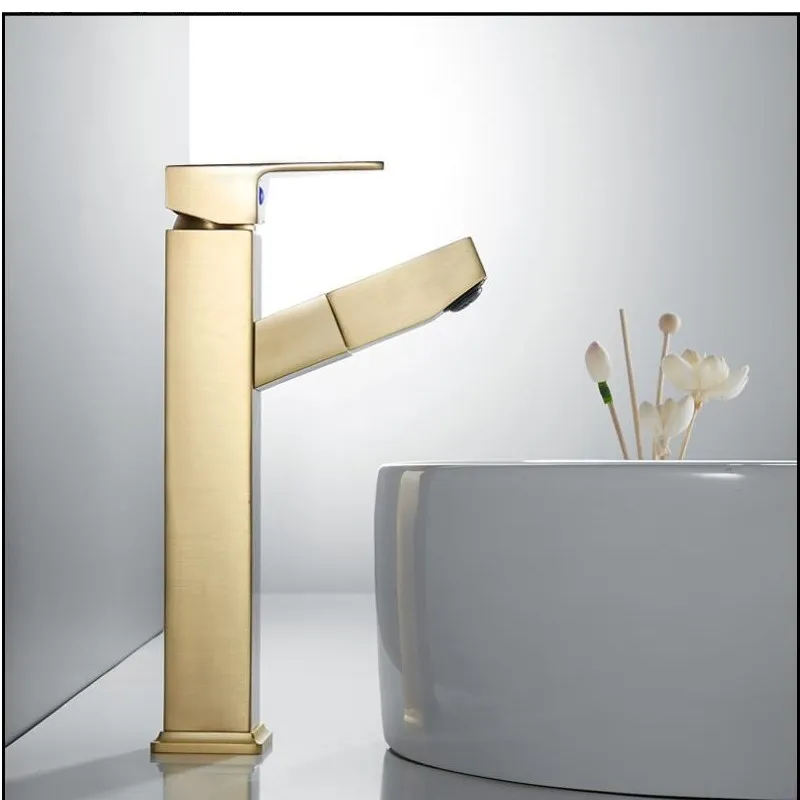 New Basin Faucet Single Lever Pull Out Brass sink Mixer Tap For Bathroom Basin Water Sink Mixer gold brush