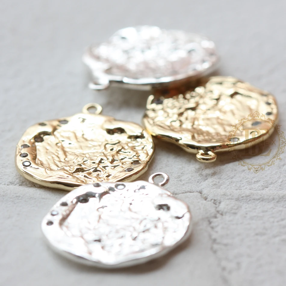 One Piece Premium Plated Textured Solid Brass Round Charm with Rhinestones - 22x18mm (4704C)