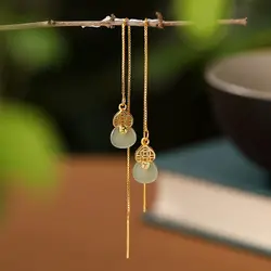 Original design new natural Hetian jasper gourd hollow copper coin long earrings Chinese style exquisite charm ladies jewelry
