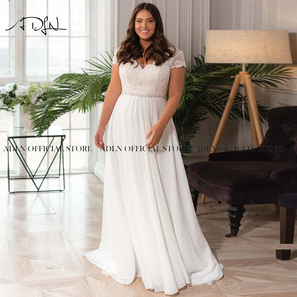 Elegantes Chiffon-Brautkleid in Übergröße, maßgeschneidertes Brautkleid mit V-Ausschnitt, kurzen Ärmeln, Perlen und Schnürung am Rücken, Robe de Mariage