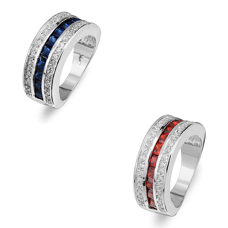 Fashion Simple Silver Color Blue Red Crystal for Women Elegant Rings Wedding Aniversary Party Gift