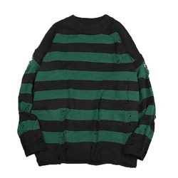 Autumn Striped Sweaters Women Destroyed Ripped Sweater Loose Pullover Hollow Out Knit Oversized Jumpers Punk Unisex Sweaters