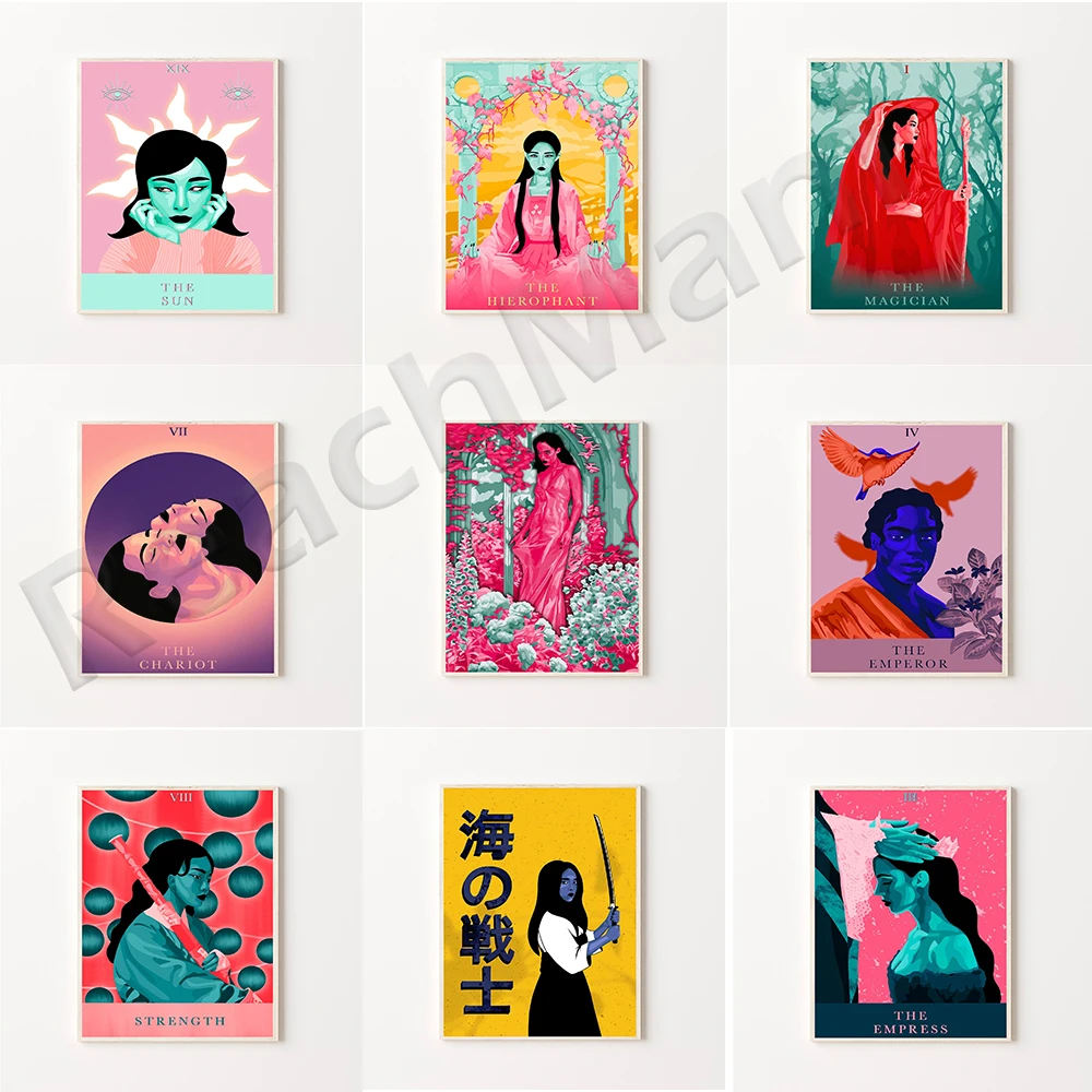 Tarot prints, Japanese samurai, witch priestess, queen, fairy, moon, narcissus illustration decorative aesthetic poster