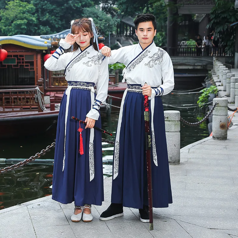 Chinese Dress Korean Hanfu White Blue Men Women Dresses Chinese Style Cosplay  Embroidery Kimono Traditional China Clothing