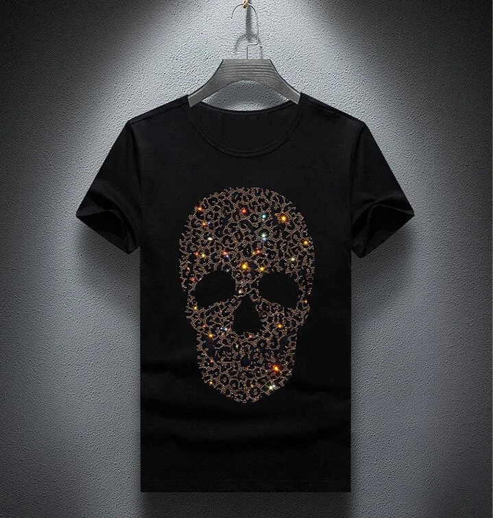 Hot drill Men's T-shirt Top Fashion Short Sleeve Tops Men Skull Tshirt Loose Casual Tee Hip Hop man and women