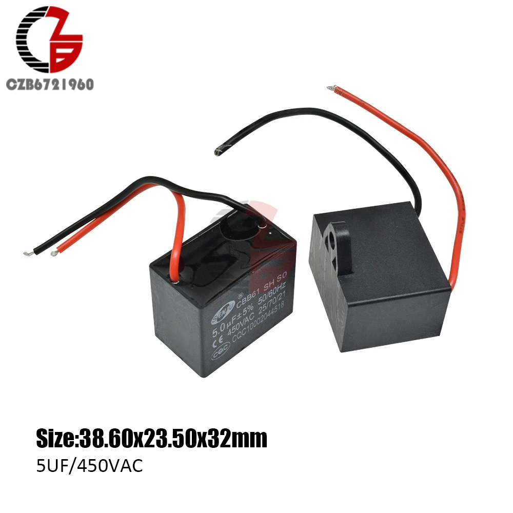 CBB61 Starting Capacitance AC Fan Capacitor 2 Wires 5UF 450V AC Terminal Ceiling Fan Motor Running Rectangle Capacitor