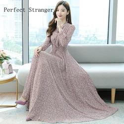 2021  S-XL Autumn New Arrival High Quality Bow Collar Flower Printed Long Sleeve Women Chiffon Long  Dress