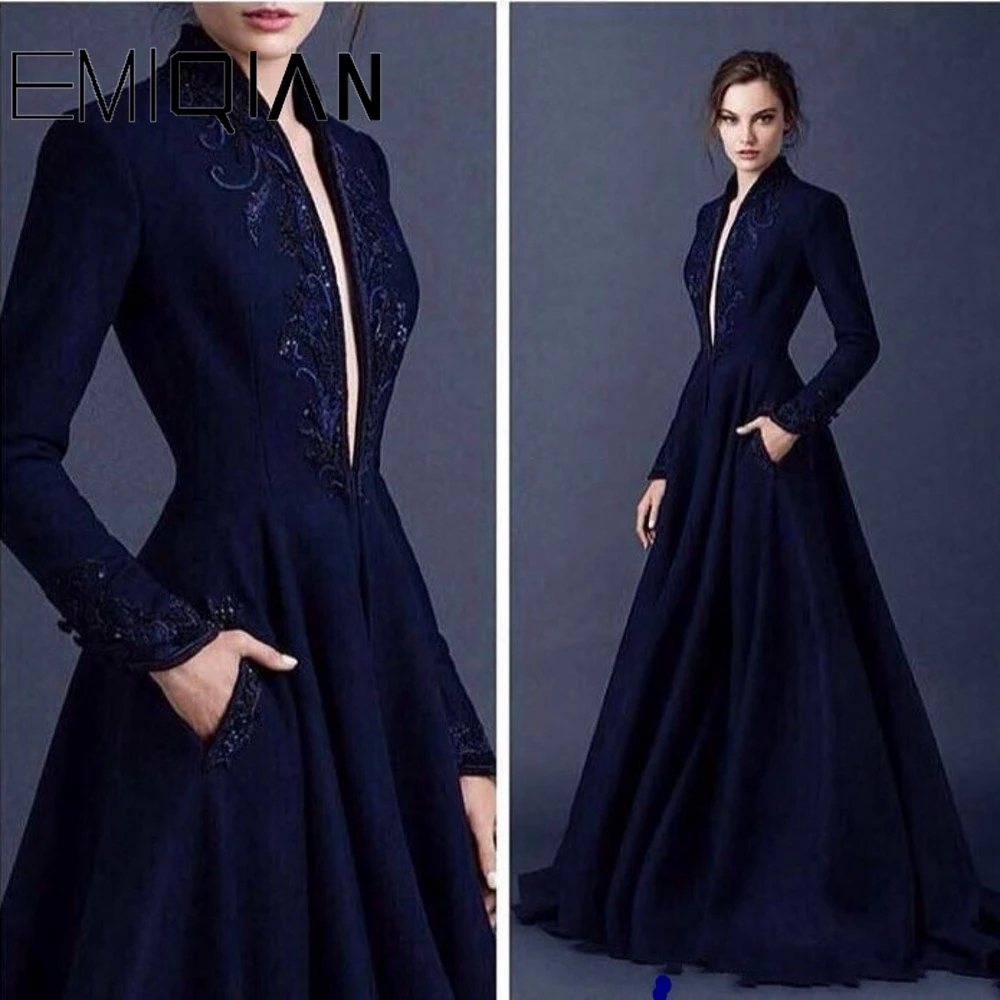 Navy Plunging V Neck Muslim Evening Dress A-line Long Sleeves Beaded Islamic Dubai Saudi Arabic Luxurious Evening Dresses