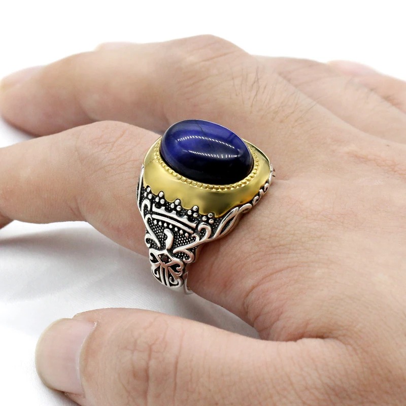 Vintage Antique Silver Color Rings Blue Tiger\'s Eye Opal Stone Carve for Women Men Bohemian Jewelry Halloween Man Finger Rings