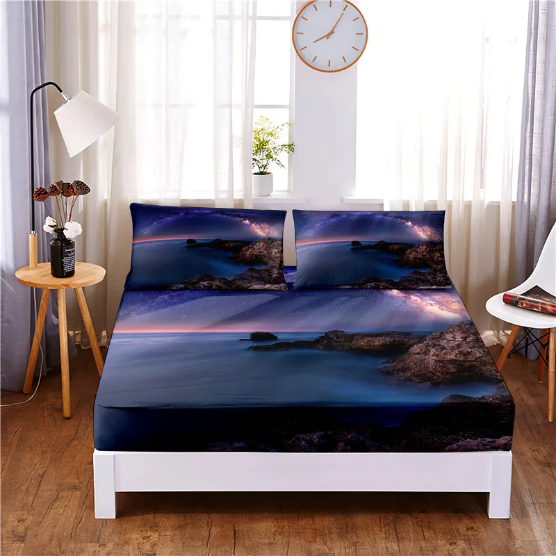 

View Night Digital Printed 3pc Polyester Fitted Sheet Mattress Cover Four Corners with Elastic Band Bed Sheet Pillowcases