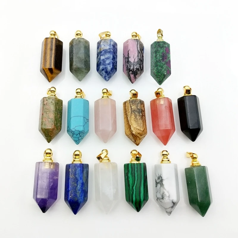 

Natural Gemstone Hexagon prism perfume Bottle pendant Crystal Quartz essentail oils diffuser urn vial for Necklace