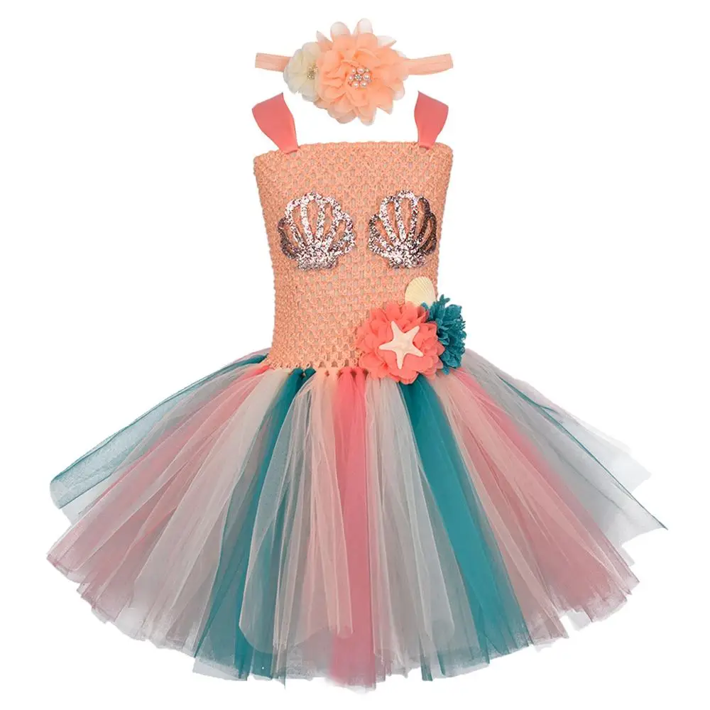 

Girls Mermaid Tutu Dress Under the Sea Theme Birthday Party Costume with Flower Headband Kids Ocean Fancy Dresses 1-12Y