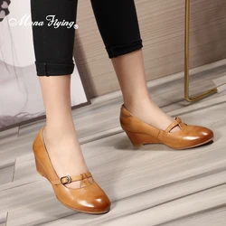 Mona Flying Women‘s Genuine Leather Mary Jane Wedge High Heels Pumps Shoes Elegant Heel Office T Strap Shoes for Ladies 078-005