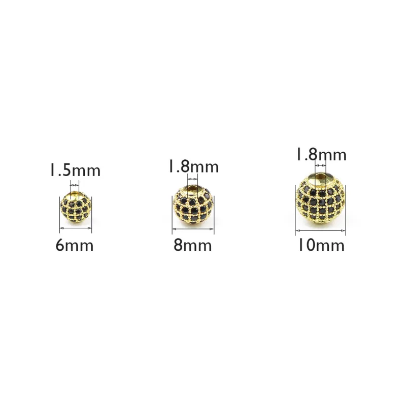 4pcs/lot 6mm/8mm/10mm Luxury Micro Pave Black Zircon Charms Spacer loose bead Round Ball Shape for Bracelet Making Jewelry DIY