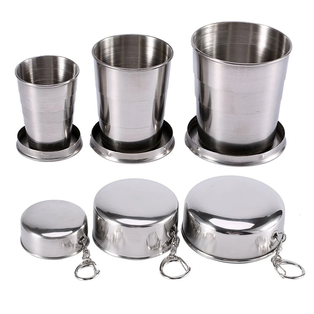 Folding Cup With Keychain Telescopic Collapsible Stainless Steel Pocket Cups Drinking Wine Glasses Outdoor Camping Travel Picnic