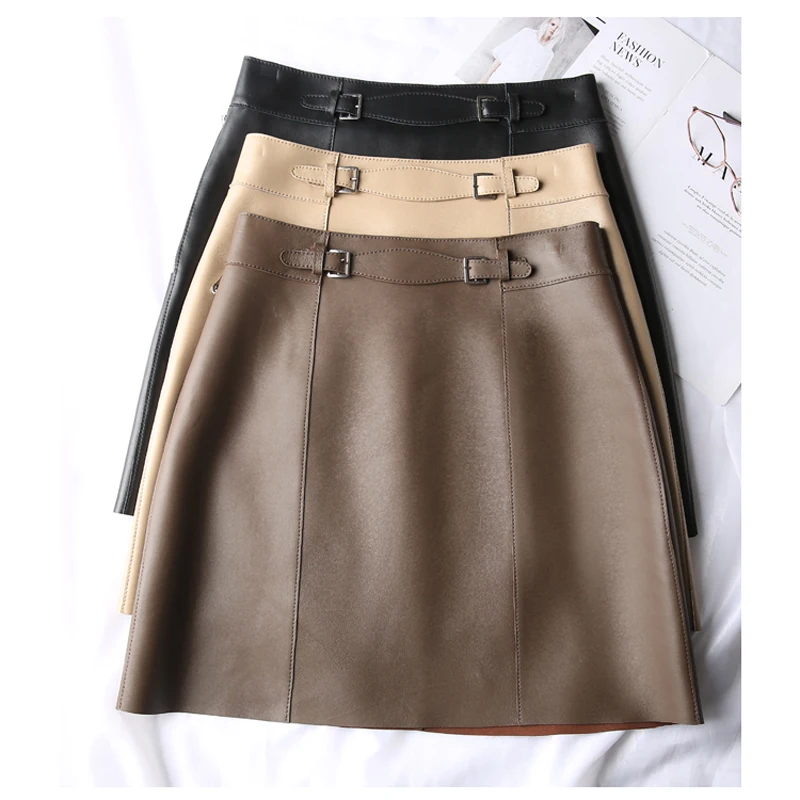 Genuine Leather Sexy Mini Skirt Women 2021 Spring South Korean Fashion High Waist Buttons Retro A-line Skirt