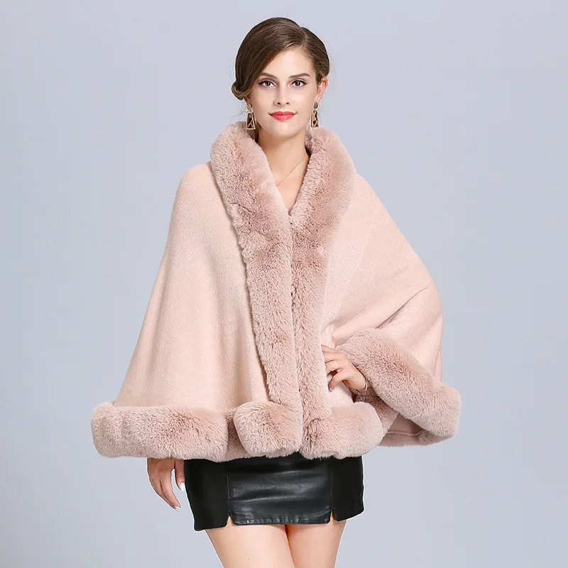 Soft Faux Rex Rabbit Fur Cape Shawl Coat Knit Poncho Cloak Women Fashion Cardigan Wraps Fall Winter Pashmina 10 Colors