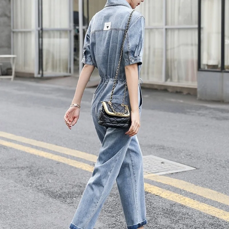 

Women Summer Cargo Jumpsuit Short Sleeve One Piece Denim Overalls Lace Up Long Jeans Boyfriend Style High Street Casual Jumpsuit