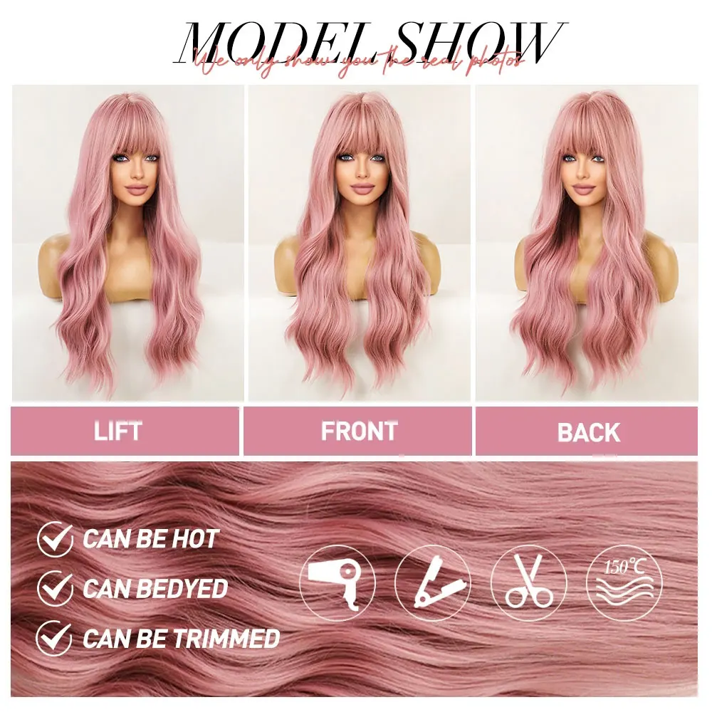 oneNonly Long Pink Wig with Bangs Natural Wave Heat Resistant Wavy Hair Synthetic Wigs for Women Lolita Cosplay