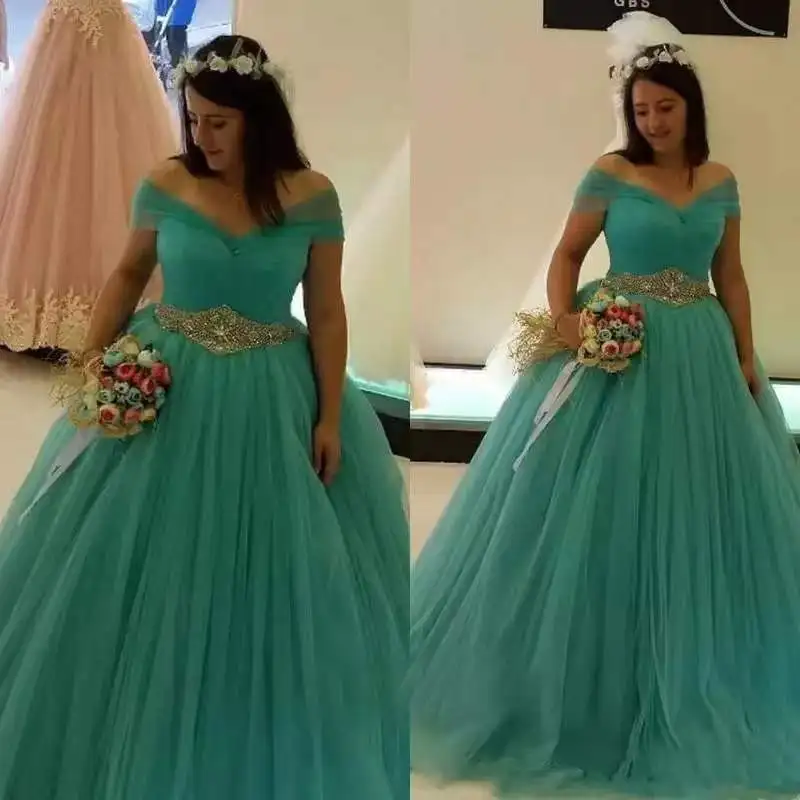 2022 Turquoise Green Trouwjurken Plus Size Off Shoulder Kralen Belt Bruidsjurken Tulle Een Lijn Eenvoudige Trouwjurk