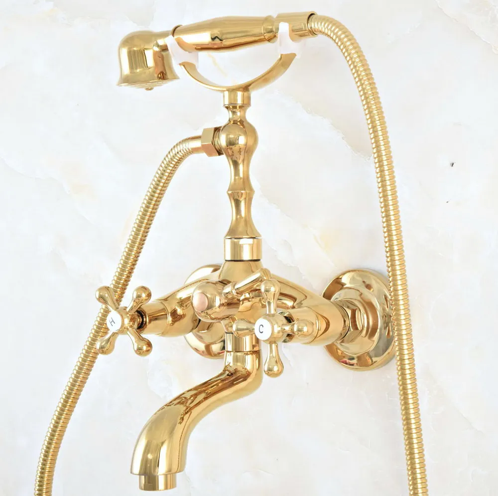 Luxury Gold Color Brass Bathroom Wall Mounted Clawfoot Tub Faucet Taps Set With Hand Held Shower Head Spray mna808