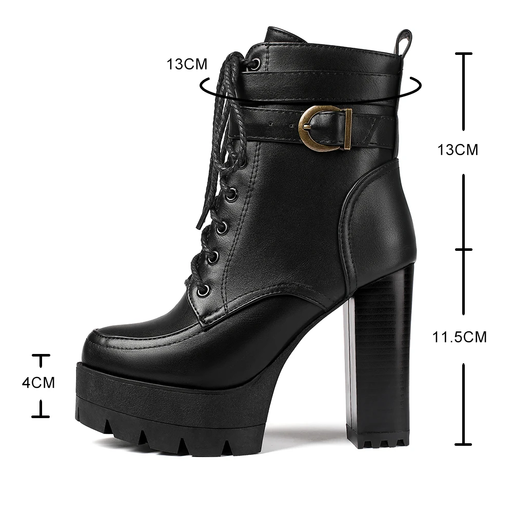 Black Platform Combat Ankle Boots For Women Round Toe Buckle Strap Woman Lace Up Shoes Winter Biker Boot Motorcycle Bottes 41 42