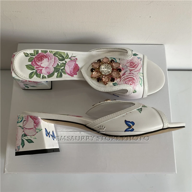 Print Butterfly-Flower Real Leather Sandals Women 10cm Square High Heel Open Toe Slingbacks Rhinestone Runway Mules