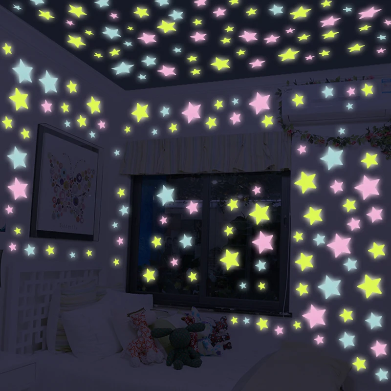 100Pcs Glow In The Dark 3D Stars Wall Stickers Children's Bedroom Ceiling Home Decoration Variety Of Color Moon Plastic Stickers