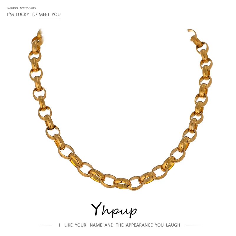 Yhpup Stainless Steel Chain Necklace Statement Texture Metal Gold Color Hyperbole Collar Fashion Charm Jewelry for Women Gift