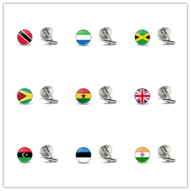 Trinidad,Sierra leone,Jamaica,Guyana,Ghana,UK,Libya,Estonia,India National Flag 16mm Glass Cabochon Cufflinks Button For Gift