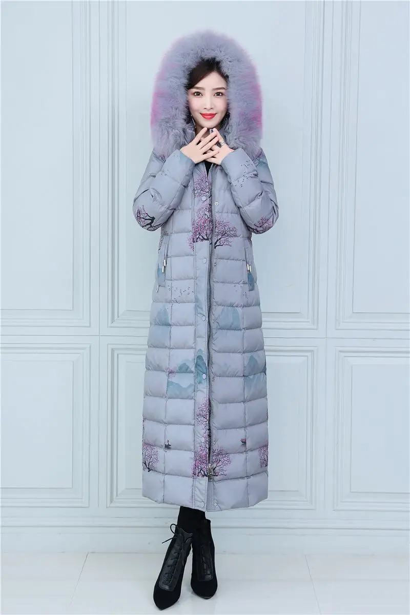 Can fit -30℃ Winter 125cm Super Longer Duck Down Coats Female Thicker Warm Fur Coats Large Real Fox Fur Hooded Parkas wy362