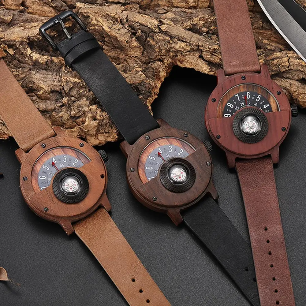 Natural Wood Watch Men Turntable Compass Dial Real Walnut Ebony Bamboo Wooden Watches Male Brown Concept Clock Quartz Wristwatch