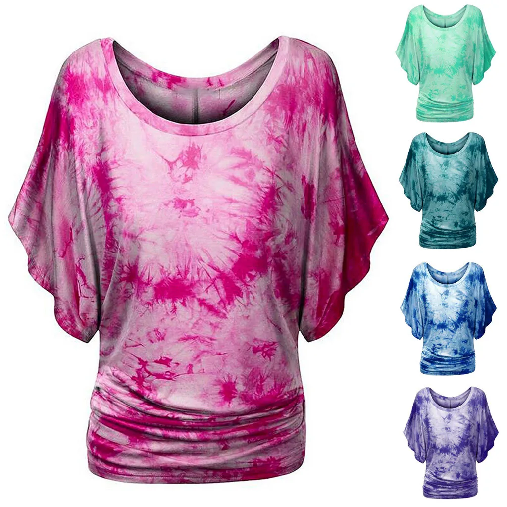 

Oversized Fashion Tie-dye Print Blouse Bat Sleeve O-Neck Tops Casual Summer Ladies Top Female Women Short Sleeve Blusas Pullover