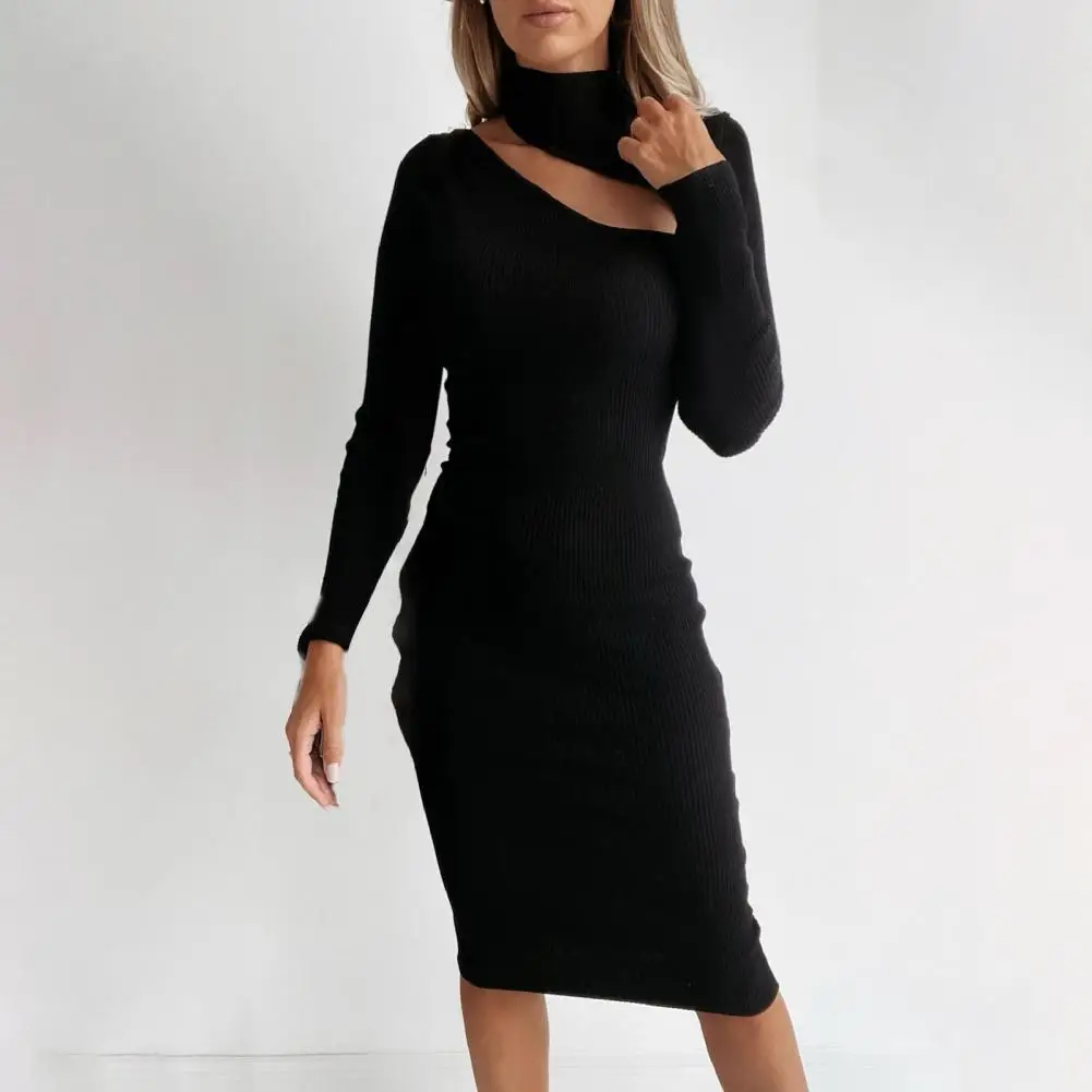 Women Sexy Dress Solid Color Hollow Out Ribbing Dress High Collar Tight Waist Butt-lift Slim Autumn Sweater Dress for Dating