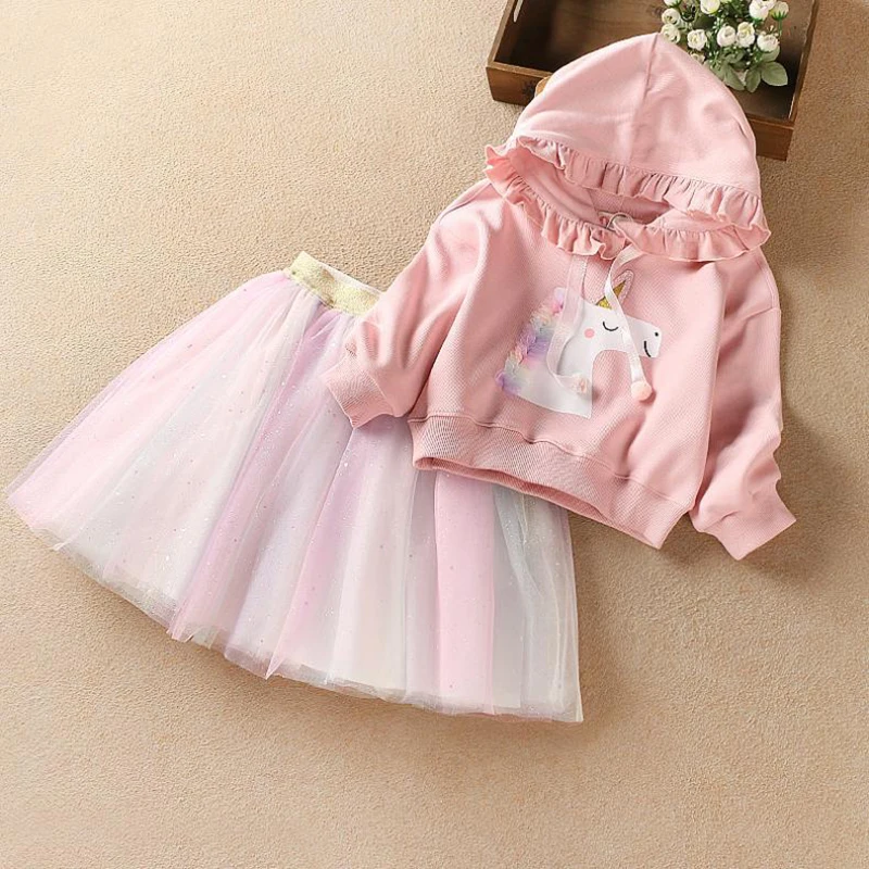 Cute Unicorn Long Sleeve Hoodie+Skirt 2Pcs Baby Girl Clothing Sets Christmas Party Rainbow Mesh Tutu Princess Girls Skirt Suits