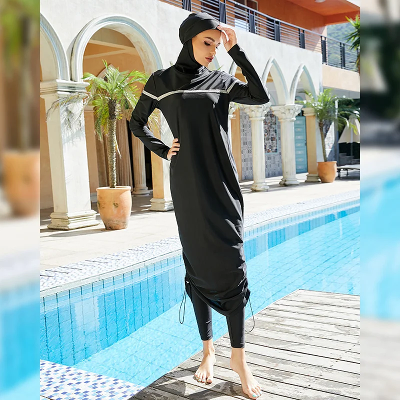 Extra Long Micro Sleeves Full Burkini Muslim Swimwear Hijab Islamic Swimsuit Turkey Women Black