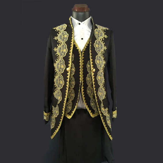 Free shipping mens lace embroidery black/white tuxedo jacket vest and pants suits set /stage performance/event/medieval