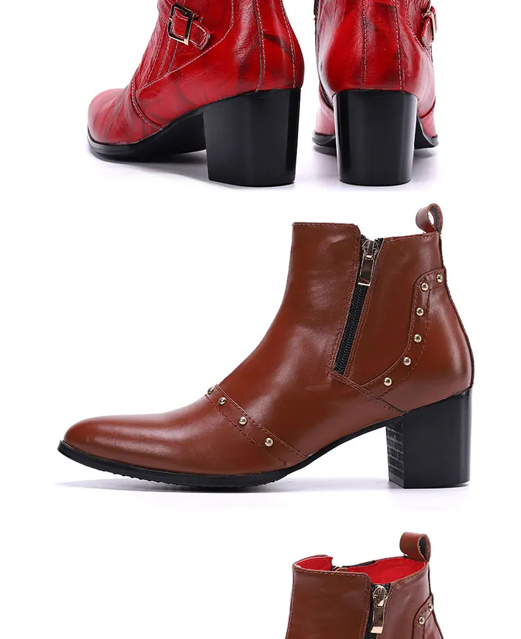 Herbst und Winter spitze High Heels Herren stiefel binden eine Kette Niet Gürtels chnalle dicken Absatz echtes Leder dicke Stöckels tiefel – Detail 10