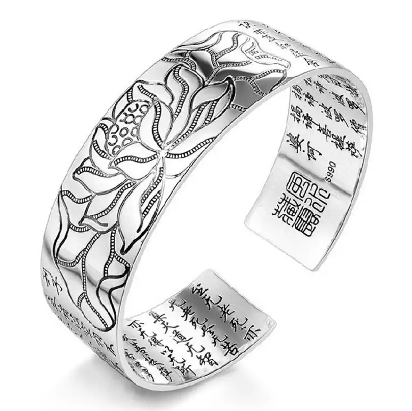 Lotus 925 Sterling Silver Cuff Bracelets Bangles Tibetan Buddhist Scriptures Language Female Hand Jewelry