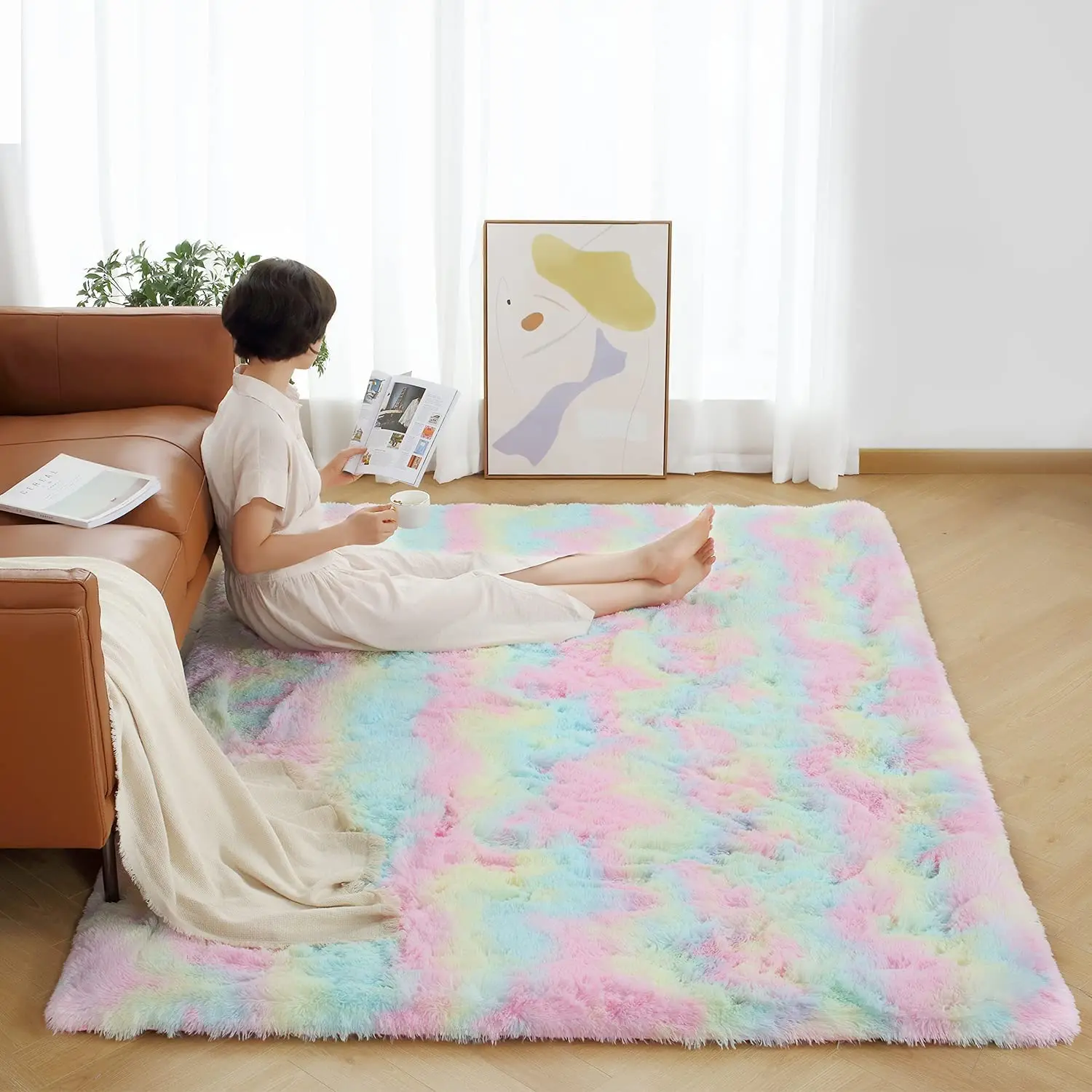 Soft Fluffy Rainbow Area Rugs for Living Room Plush Shaggy Nursery Rug Furry Throw Carpets Cute Colorful Carpet for Girls Room