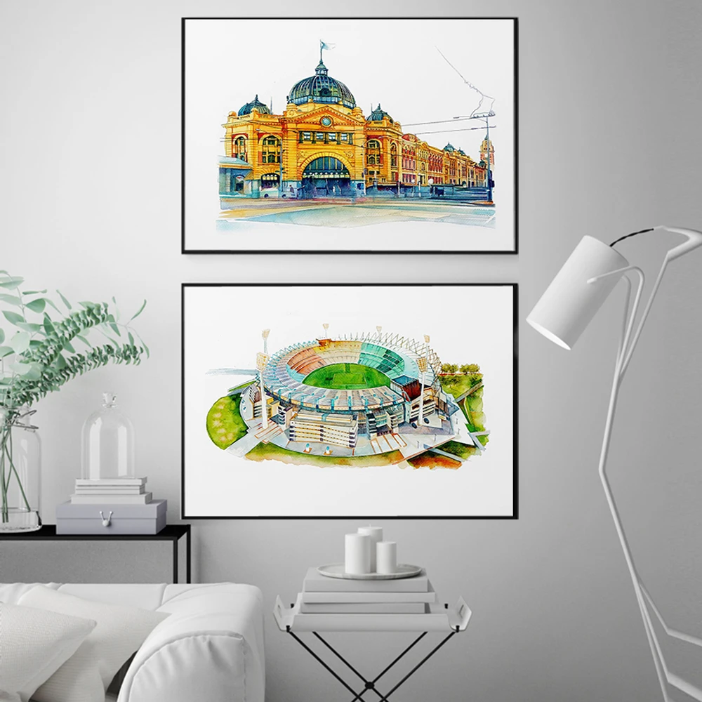 Melbourne Cricket Ground Watercolour City Landscape Print Poster Painting Art Brighton Beach Boxes Wall Pictures Bedroom Decor