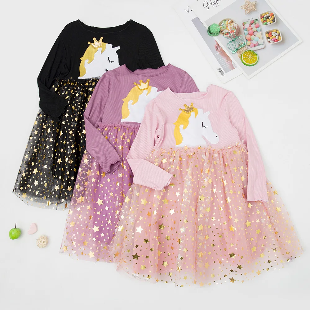 

Unicorn Dress Kids Girls Long Sleeve Stars Sequin Princess Tulle Dress For toddler Birthday Party Bridesmaid Wedding Casual Wear