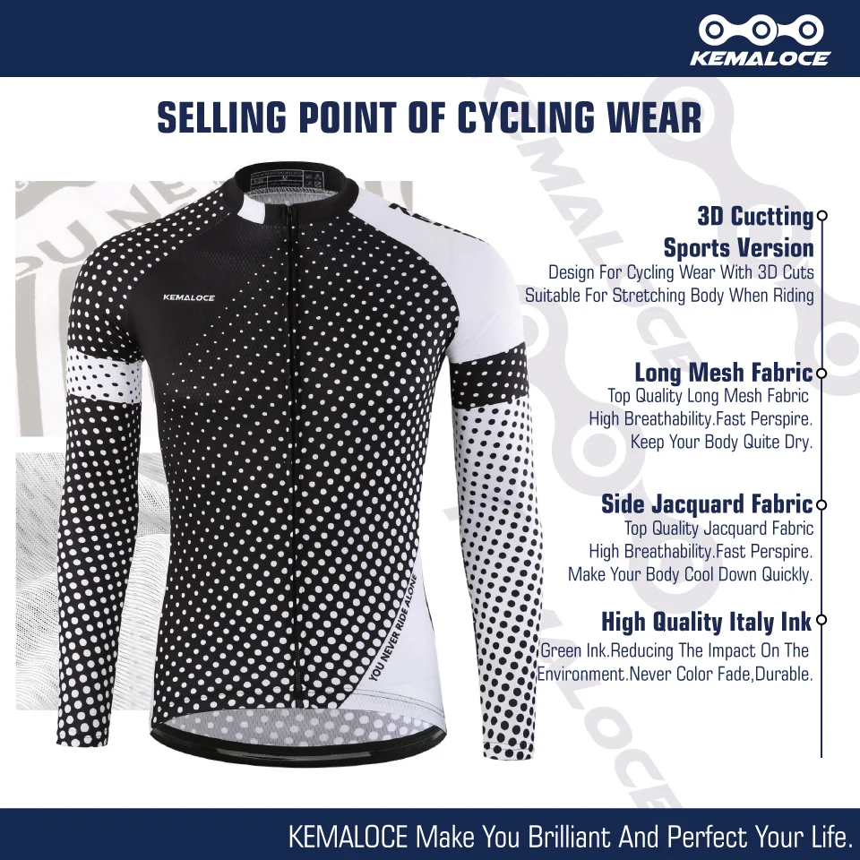 KEMALOCE Wholesale 100% Polyester Men Cycling Jersey Quick Dry Bicycle Shirt Spring Full Sleeve Road Cycling Clothes Bike Jersey