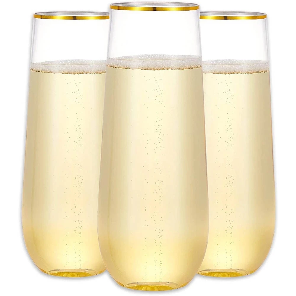 10 Plastic Champagne Glasses  9 oz Disposable Gold frame Transparent Cocktail Glasses Used for Parties  Weddings and Birthdays